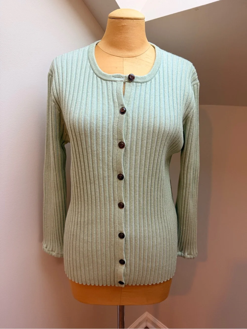 Tory Burch Metallic Lurex Striped Mint Green Ribbed Button-Front Cardigan Large